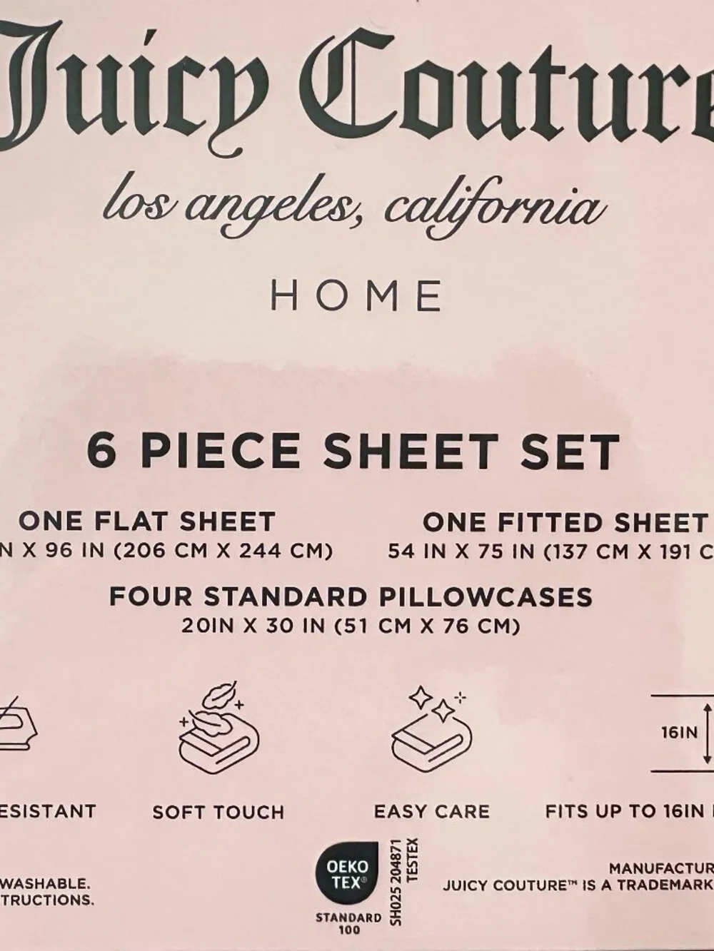 New Juicy Couture FULL 6 pc Sheet Set Pink with Black Bow Ribbons and JC